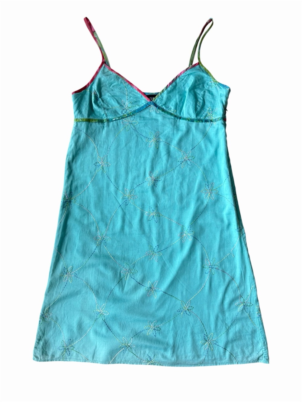 Vintage 2004 GAP Rainbow Floral Embroidered Aqua Cotton Slip Dress Y2K | Size 6